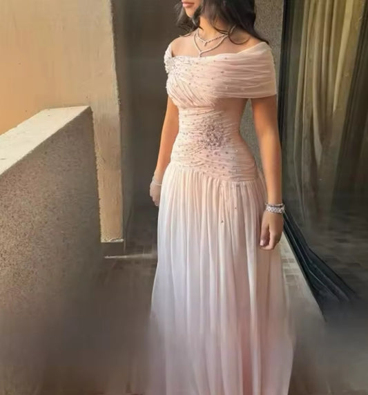 Off Shoulder Chiffon Beadings Customized Prom Dress Formal Occasion Pleated Party Sleeveless Back Zipper Evening Dresses