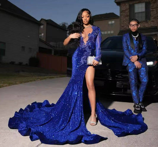 Shinny Royal Blue Prom Dresses Mermaid 2025 Sheer Long Sleeves Slit Evening Dress Crystal Wedding Party Dress Customized