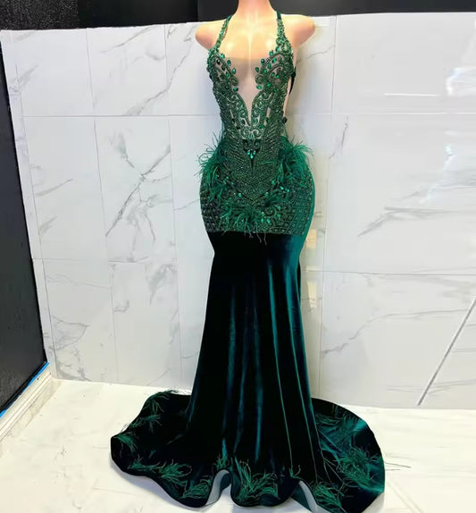 Real Photo Prom Dresses for Black Girls Dark Green Diamond Velvet Mermaid Party Gowns Crystal Vestidos De Gala Cutsomized