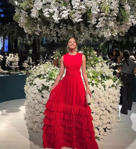 Custom Red Exquisite A-Line Sleeveless Tiered O Neck Evening Night Gown Long Evening Dresses Dubai Arabic Club Prom Gowns
