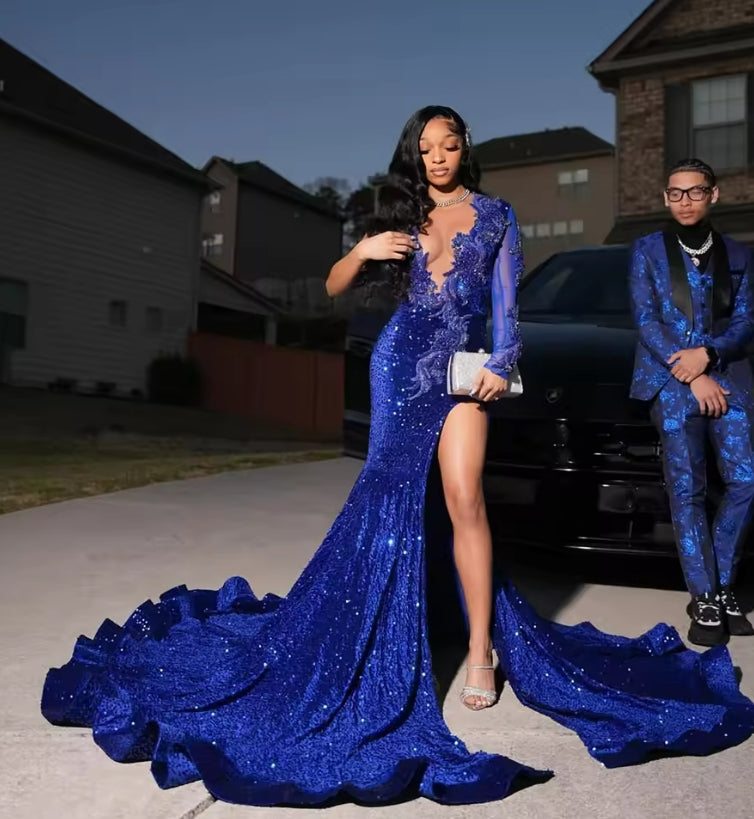 Shinny Royal Blue Prom Dresses Mermaid 2025 Sheer Long Sleeves Slit Evening Dress Crystal Wedding Party Dress Customized
