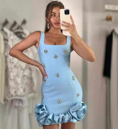 Women New Summer Bandage Dress Tank Square Collar Diamonds Appliques Bodycon Mini High Street Evening Club Party Dress