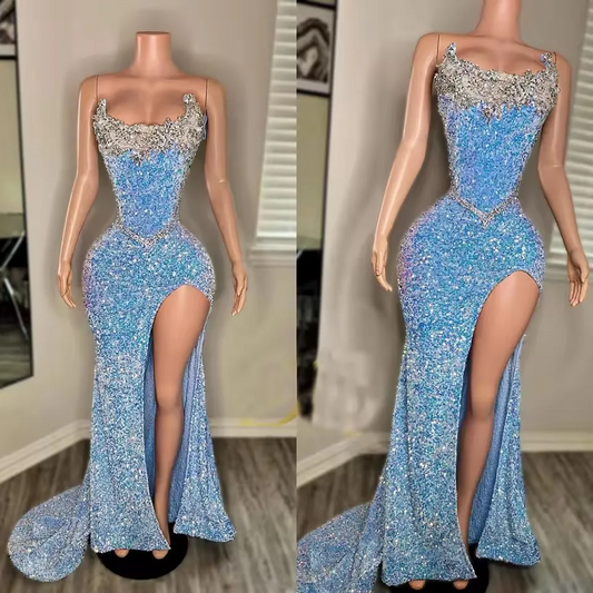Luxury Skey Blue Prom Dresses 2025 Beads Crystal Wedding Reception Party Gown Lace Up Back Evening Gowns Customized