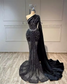 Saudi Arabia Black Lace Beaded One Shoulder Prom Dresses 2025 With Cape Crystal Formal Gown Birthday Party Dresses Customized