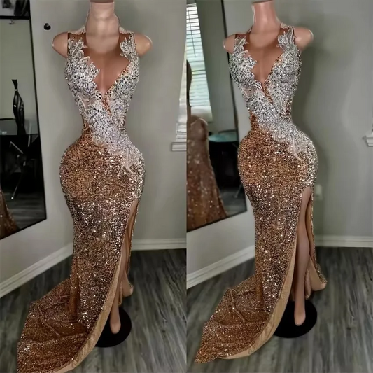 Luxury Gold Prom Dresses 2025 Glitter Bead Crystals Diamonds Split Wedding Formal Party Gown Birthday Party Gown Customized