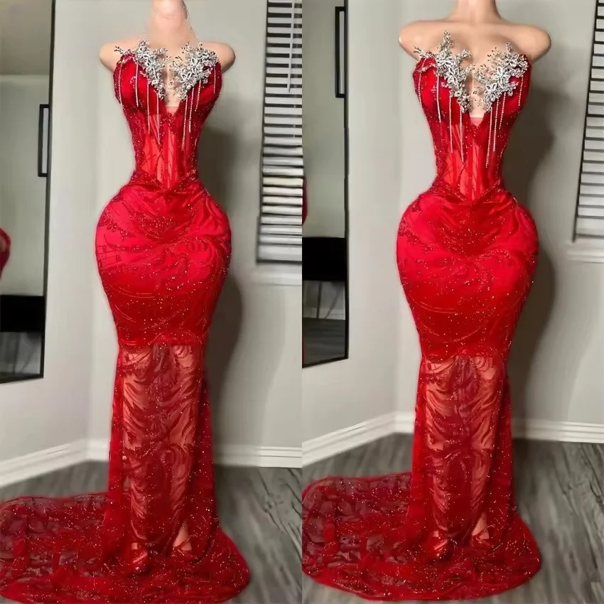 Luxury Red Mermaid Prom Dresse 2025 Black Girls Beading Diamonds Birthday Party Gown Evening Gowns Customized