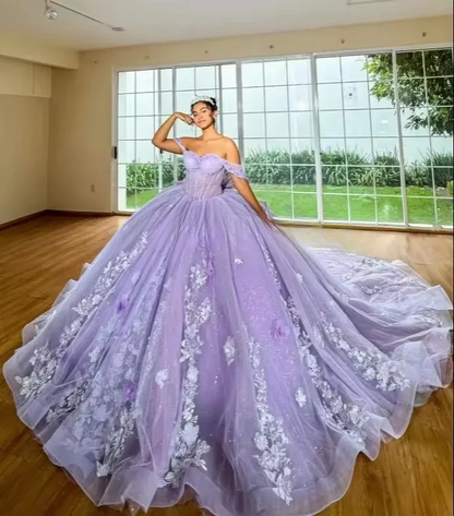 Luxury Lilac Tulle Flowers Princess Quinceanera Dresses 2025 Off Shoulder Sweet 16 Dress Vestido De 15 Años Formal Customized