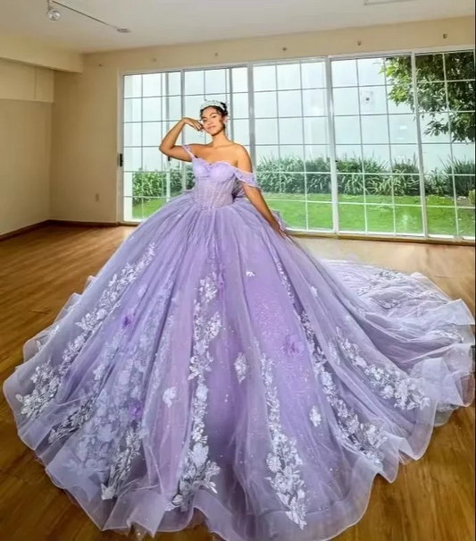 Luxury Lilac Tulle Flowers Princess Quinceanera Dresses 2025 Off Shoulder Sweet 16 Dress Vestido De 15 Años Formal Customized