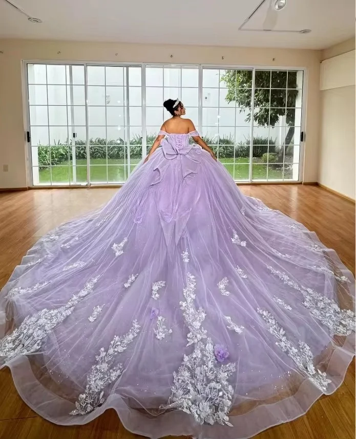 Luxury Lilac Tulle Flowers Princess Quinceanera Dresses 2025 Off Shoulder Sweet 16 Dress Vestido De 15 Años Formal Customized