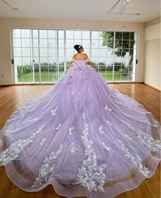 Luxury Lilac Tulle Flowers Princess Quinceanera Dresses 2025 Off Shoulder Sweet 16 Dress Vestido De 15 Años Formal Customized