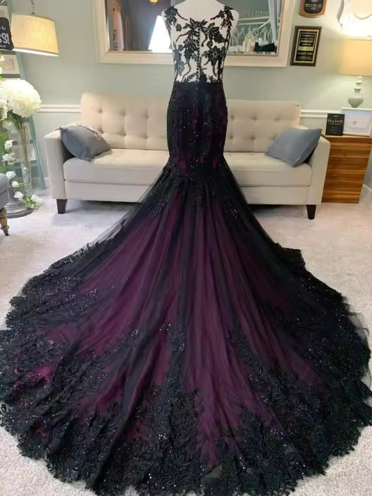 Purple and Black Mermaid Wedding Dresses Gothic Applique customsized Sheer Neck Covered Buttons Bridal Gown Robe De Mariage