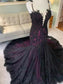 Purple and Black Mermaid Wedding Dresses Gothic Applique customsized Sheer Neck Covered Buttons Bridal Gown Robe De Mariage