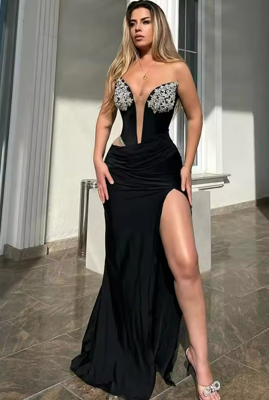 Sexy Strapless Backless Split Diamonds Black Velvet Maxi Long Women Celebrity Dress Elegant Party Evening Club Vestido