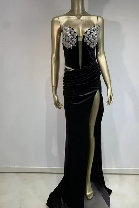 Sexy Strapless Backless Split Diamonds Black Velvet Maxi Long Women Celebrity Dress Elegant Party Evening Club Vestido