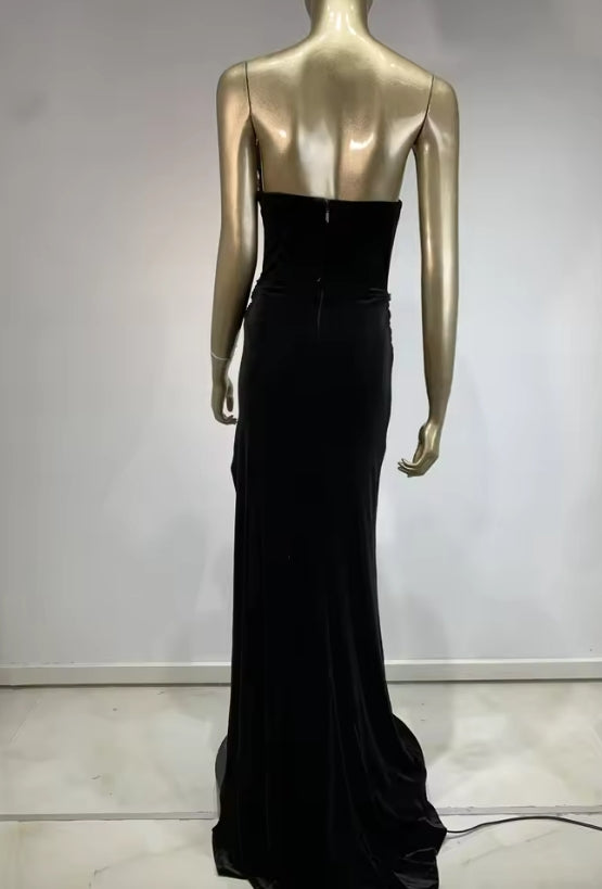 Sexy Strapless Backless Split Diamonds Black Velvet Maxi Long Women Celebrity Dress Elegant Party Evening Club Vestido