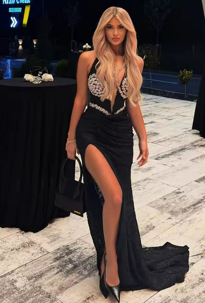 Black Lace Appliques Long Dress for Women Rhinestones Halter High Slit Diamonds Sleeveless Trumpet Cocktail Evening Gown