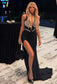 Black Lace Appliques Long Dress for Women Rhinestones Halter High Slit Diamonds Sleeveless Trumpet Cocktail Evening Gown