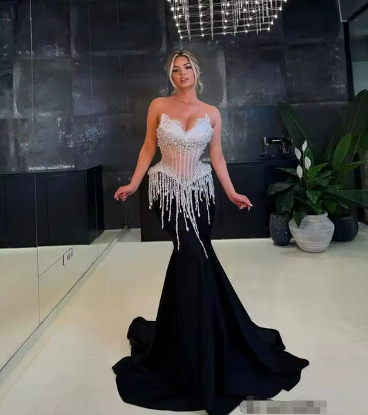 New Elegant Pearls Evening Dresses Mermaid Sweetheart Sleeveless Prom Party Dresses Cocktail Dresses Robes De Soirée Customized