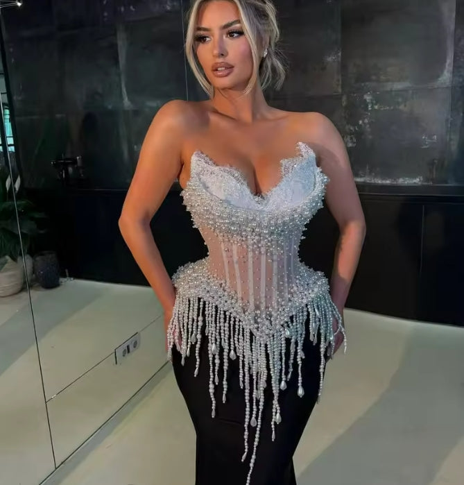 New Elegant Pearls Evening Dresses Mermaid Sweetheart Sleeveless Prom Party Dresses Cocktail Dresses Robes De Soirée Customized