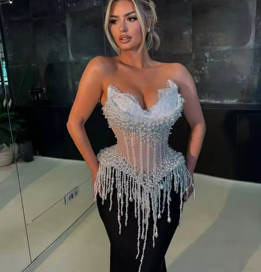 New Elegant Pearls Evening Dresses Mermaid Sweetheart Sleeveless Prom Party Dresses Cocktail Dresses Robes De Soirée Customized