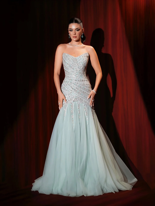 2026 Luxury Sage Green Beaded Mermaid Strapless Lace Up Evening Dress Gowns For Women Party