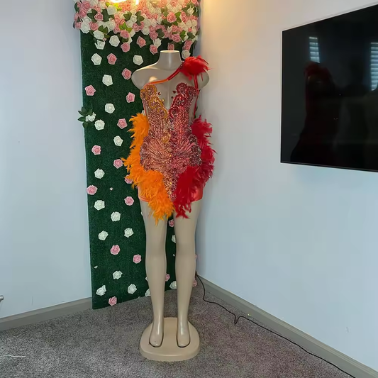 Red&Orange Short Prom Dresses Black Girls Rhinestones Crystals Birthday Outfit Party Gowns Feathers Cocktail Wear Customized
