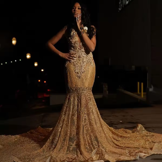 Crystal Luxury Mermaid Prom Dresses For Black Girls Diamond Lace Sleeveless Evening Party Gowns Formal vestidos de gala