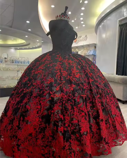 Black Red Gothic Quinceanera Dresses Off Shoulder Beaded Applique Ball Gown Sweet 16 Corset vestido xv años customsized