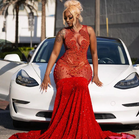 Long Prom Dress For Black Girls Mermaid Sequined Beaded Crystals Birthday Party Dresses Evening Gown Customized