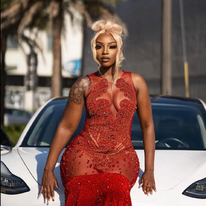 فستان طويل للحفلات الراقصة للفتيات ذوات البشرة السوداء، حورية البحر، مزين بالترتر والخرز والكريستال، فساتين حفلات أعياد الميلاد، فستان سهرة مخصص