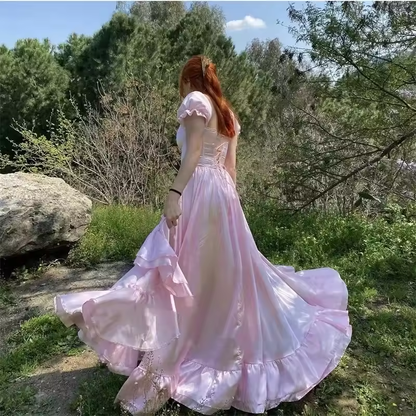 Pink Sweetheart A-Line Prom Party Dresses Detachable Princess Ruffles Backless Silk Split Evening gowns Formal