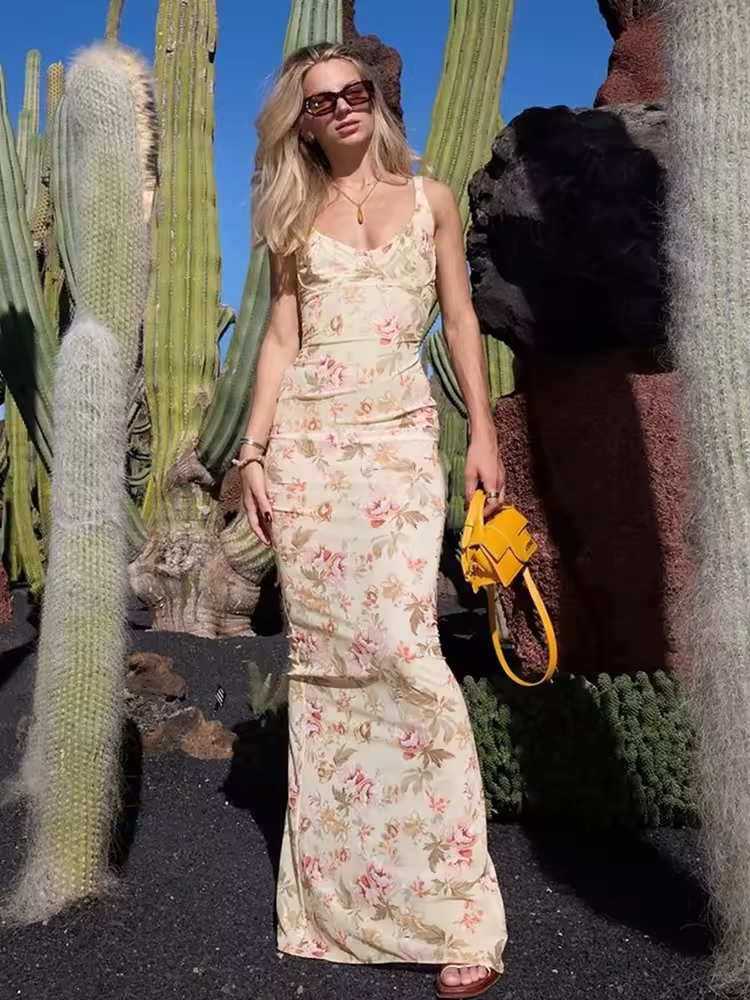 Flower Print Slit Suspender Dress For Women Plunge Sexy Holiday Party Long Dress Female 2025 New Sleeveless Dress Vestido