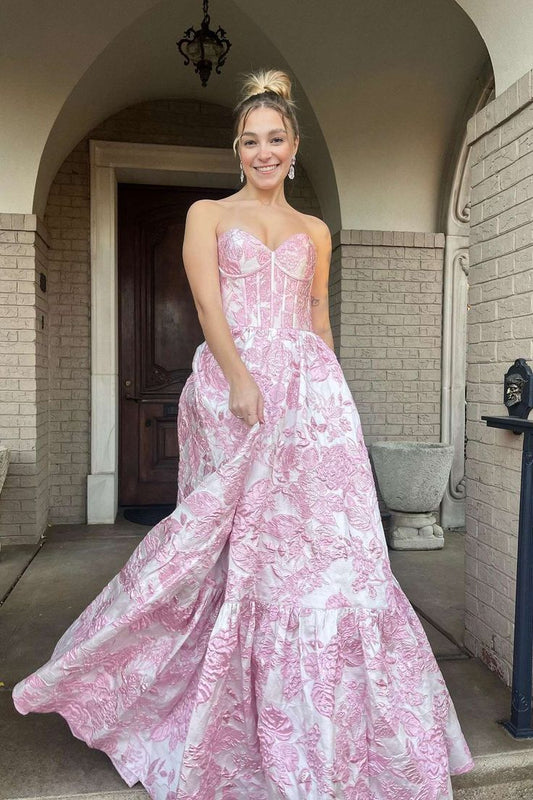 Vestido formal largo de corte A con estampado floral rosa sin tirantes