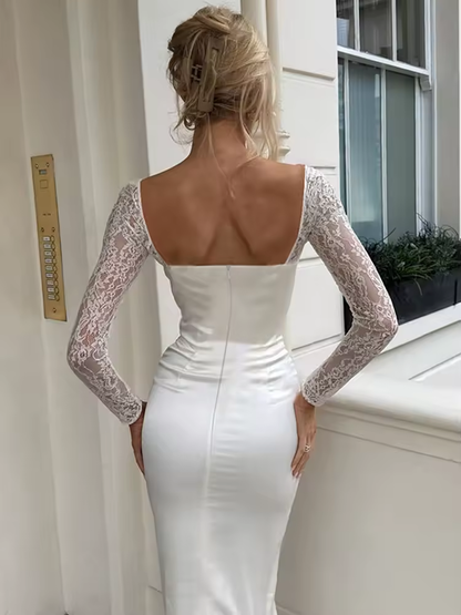 Slim Lace Long Sleeve Dress For Women Elegant Lace Up Splice Tight Waist Maxi Dress Sexy Evening Party Dress Vestido Lady