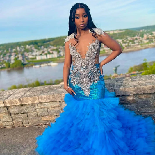 Long Prom Dress For Black Girls Mermaid Sequined Beaded Crystals Birthday Party Dresses Evening Gown Customized