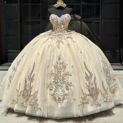 2025 Vestido De 15 Anos Sweet 16 Quinceanera Wedding Party Dreses Champagne with Bow and Corset Gold Embroidery Prom Cheap