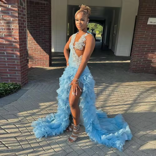 Sky Blue Mermaid Prom Dresses Sexy High Split Ruffles African Women Evening Gowns Girls Formal Occasion Party Dress