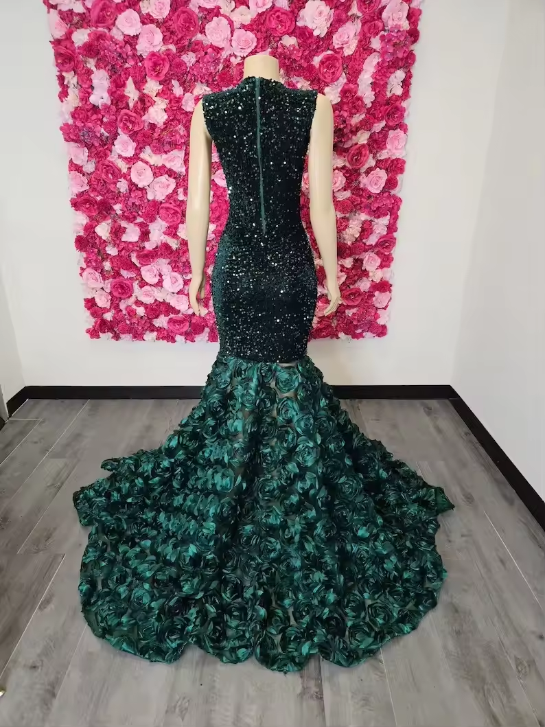 Green African American Prom Dresses Sheer Sequins Floral Beaded Black Girls Nigeria Robe De Soiree Evening Dress Gown Customized