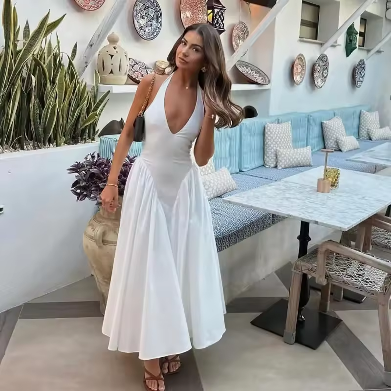 Sexy Deep V Hollow Halterneck Large Hem Dress For Women Solid High Waisted Backless Splice Summer New Vacation Long Dress