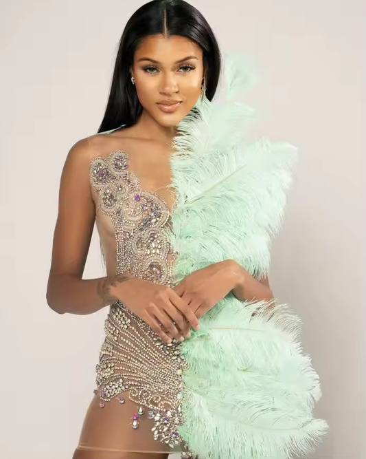 Mint Green Sparkly Short Prom Homocoming Dresses for Black Girl Diamond Crystal Feather Mini Cocktail Birthday Gown customsized