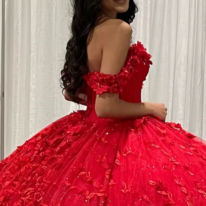 Red Shiny Quinceanera Dresses Ball Gown Off The Shoulder Lace Applique Beaded Crystal Tull Corset Sweet 16 Dress Vestidos De 15