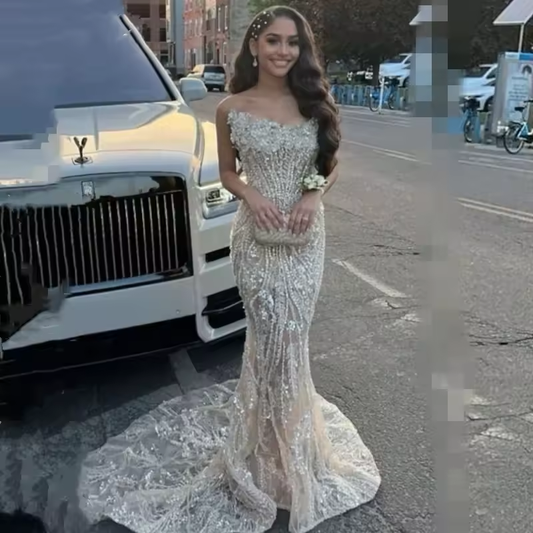Champagne Prom Dresses 2025 Luxury Mermaid Beading Lace Black Girls Long Formal Evening Party Gala Gowns Graduation Customized