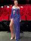 Geogrous Royal Blue Beaded Lace Split Women Maxi Gowns Rhinstones Long Sleeves Cut Out Hight Slit Prom Party Evening Gowns