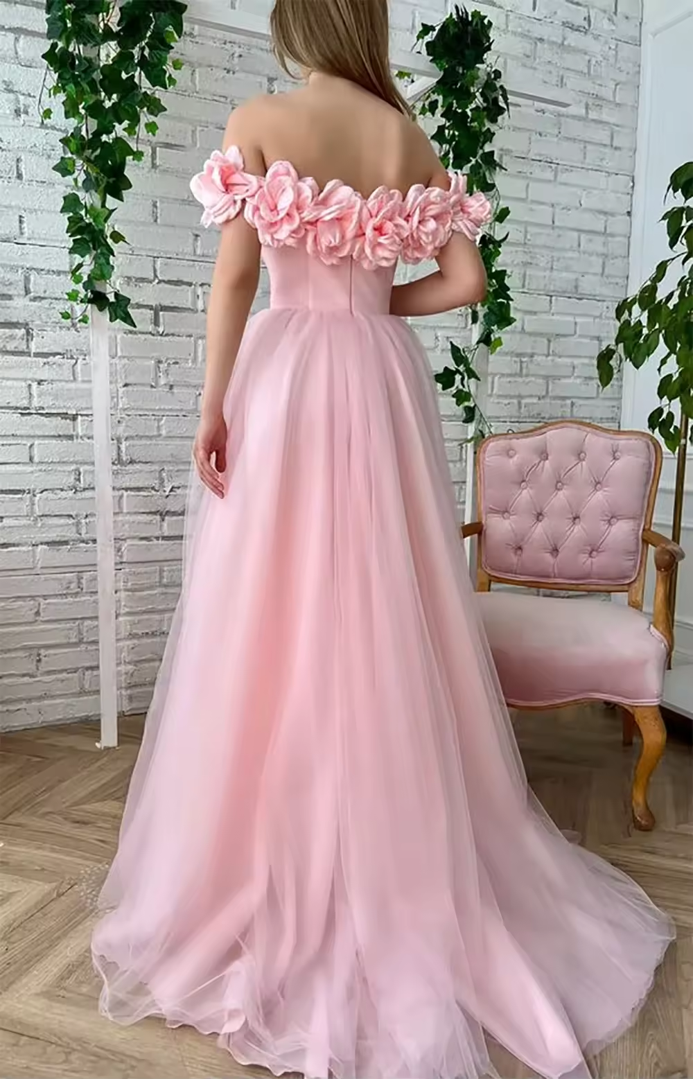 Peach Pink Flowers Off the Shoulder Graduation Dresses Tulle A-line 3D Flower Side Slit Floor-Length Prom Dress Teen's Ball Gown