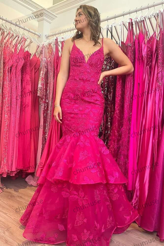 Hunter Green V-Neck Lace Applique Layered Mermaid Prom Dress