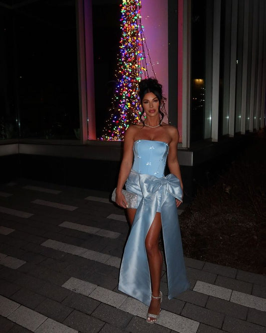 Princess Sheath Strapless Blue Short Party Dress with Bowknot