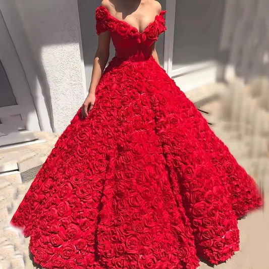 Customized Elegant Luxury Red Celebrity Dresses Long V-Neck Off-Shoulder Rose Flowers Evening Red Carpet Gowns