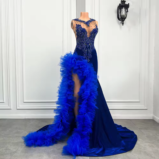 2025 Royal Blue Prom Dress Black Girls Long Mermaid Ruffle Gown Beaded Lace High Slit