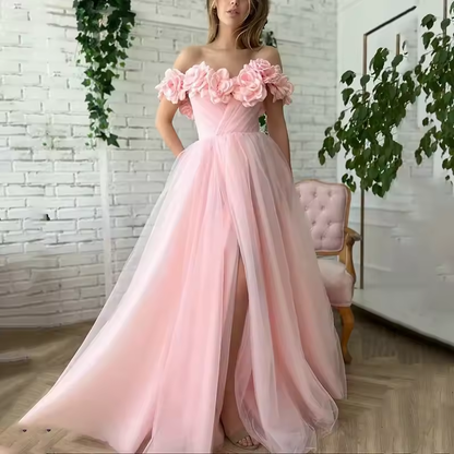 Peach Pink Flowers Off the Shoulder Graduation Dresses Tulle A-line 3D Flower Side Slit Floor-Length Prom Dress Teen's Ball Gown