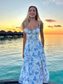 Floral Print Summer Holiday Dress Elegant Midi Spaghetti Strap Lace Up Dress A Line Casual Women Clothing